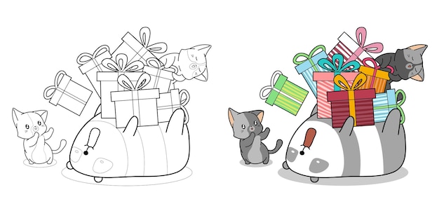 Gatos lindos y página para colorear de dibujos animados de panda