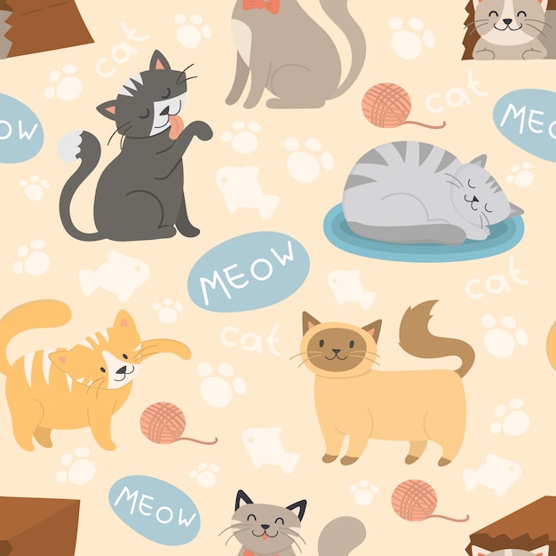 Gatos lindos personaje diferente pose vector de patrones sin fisuras