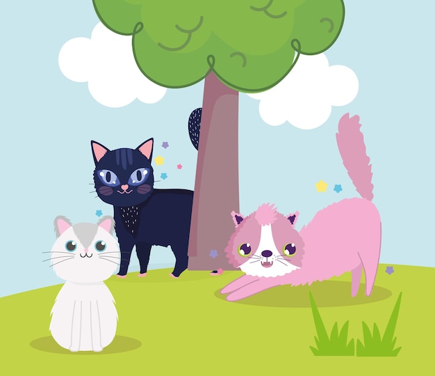 Gatos lindos en el prado con ilustración de vector de dibujos animados de árbol