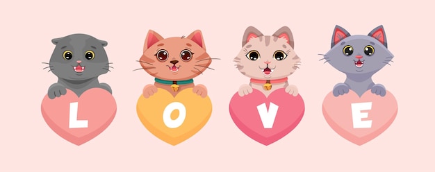 Gatos lindos sentados en corazones coloridos con texto de amor en estilo de dibujos animados ilustración vectorial