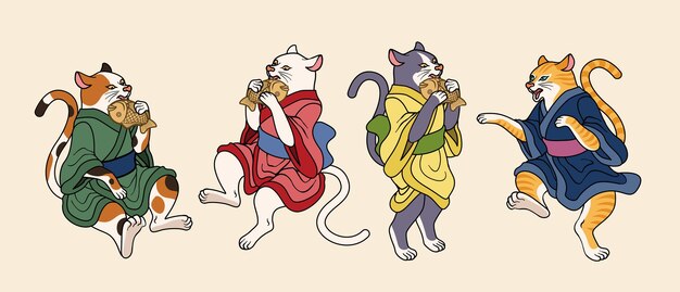 Vector gatos lindos con yukata y comiendo taiyaki al estilo ukiyoe una especie de bocadillos japoneses