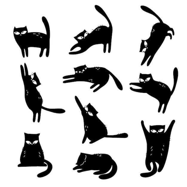 Vector gatos negros gatos negros divertidos en estilo de dibujos animados en diferentes poses