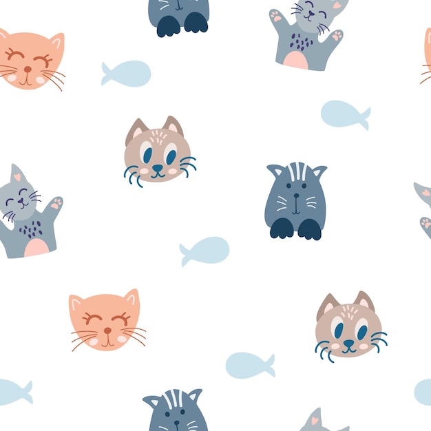Gatos y peces de patrones sin fisuras. Lindas caras de gatito y esqueleto de pescado. Fondo de vivero creativo. Perfecto para el diseño de niños, telas, embalajes, papel pintado, textiles, ropa. Ilustración de dibujos animados vectoriales