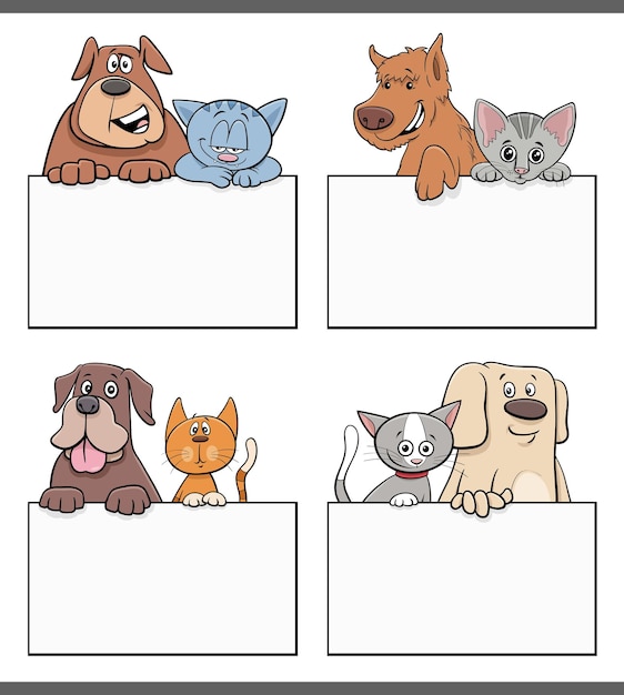 Gatos y perros de dibujos animados con conjunto de diseño gráfico de tarjeta en blanco