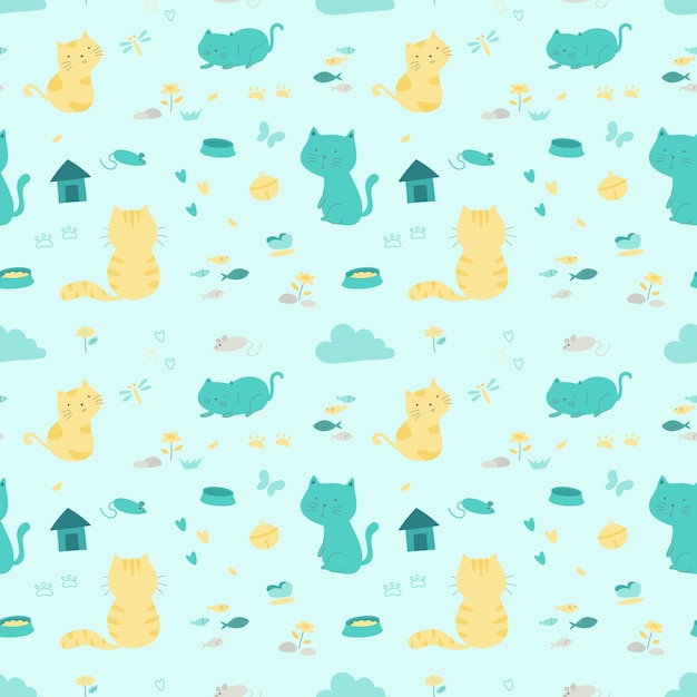 Gatos en relax acción dibujos animados diseño de patrones sin fisuras.