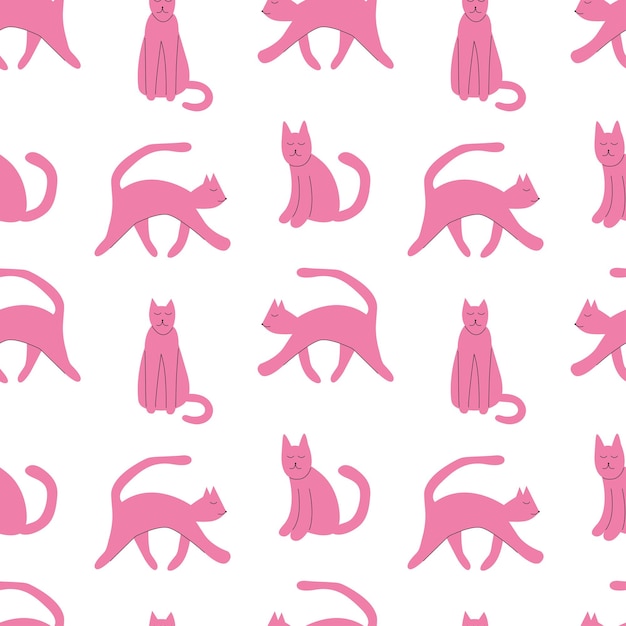 Gatos rosados lindos patrón sin costuras vectorial gatos de estilo plano sobre fondo blanco