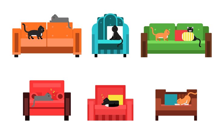 Vector gatos en los sofás de diferentes tipos y colores de pie sentado acostado ronronando afilando garras dos gatos comunicándose ilustraciones vectoriales planas aisladas sobre fondo blanco