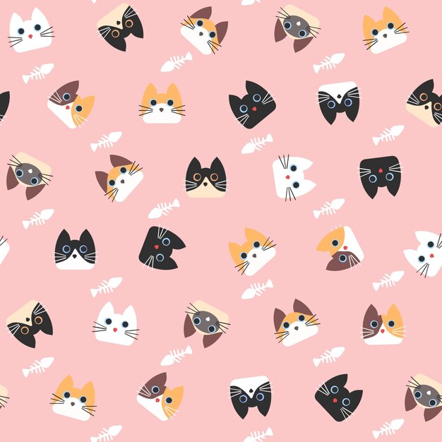 gatos vectoriales y espinas de pescado sobre fondo rosa, patrón transparente de vector