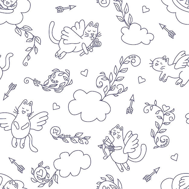 gatos voladores Gatito bonito. Símbolo de amor. Patrón sin inconvenientes en estilo garabato para el día de San Valentín o una boda. Ilustración vectorial sobre fondo blanco