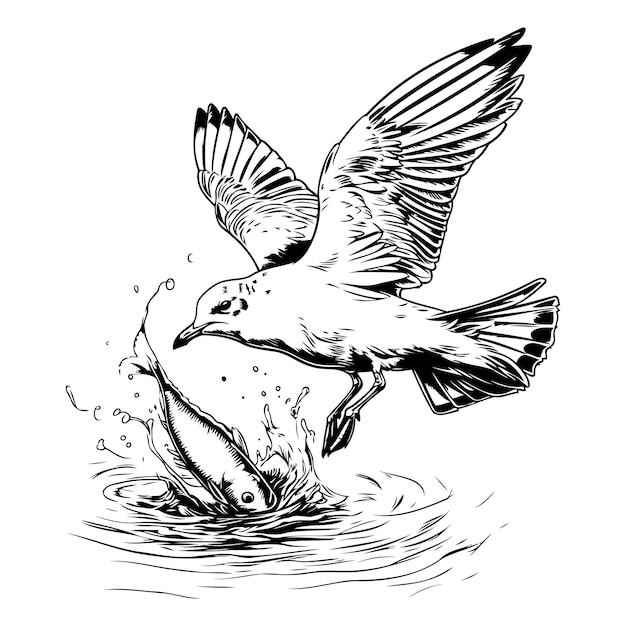 Vector gaviota voladora con peces ilustración vectorial en blanco y negro