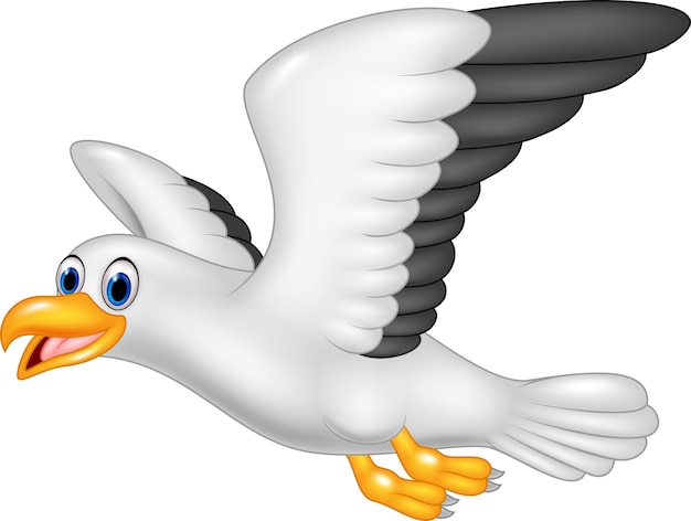 Gaviota volando de dibujos animados aislado sobre fondo blanco