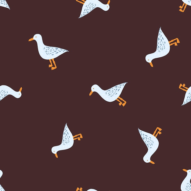 Gaviotas de pie de patrones sin fisuras. Fondo de aves marinas. Textura repetida en estilo garabato para tela, papel de envolver, papel tapiz, tejido. ilustración vectorial
