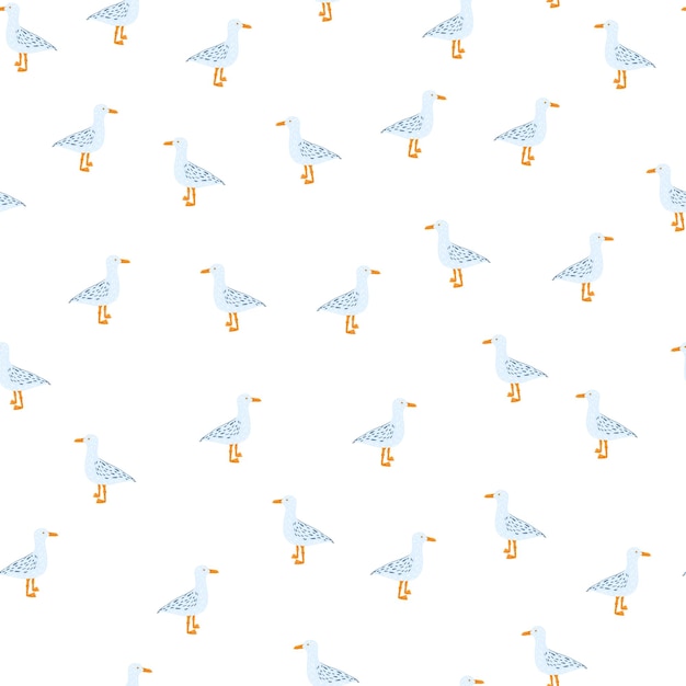 Gaviotas de pie de patrones sin fisuras. Fondo de aves marinas. Textura repetida en estilo garabato para tela, papel de envolver, papel tapiz, tejido. ilustración vectorial