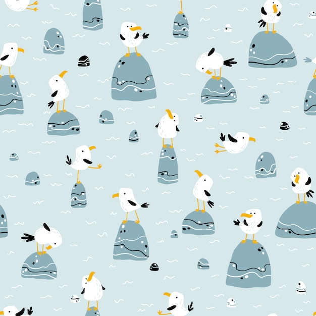 Gaviotas en las piedras. Modelo inconsútil en estilo de dibujos animados escandinavo dibujado a mano. La ilustración en una paleta limitada es ideal para imprimir en tela, textiles, papel de regalo para niños.
