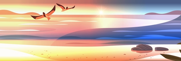 Gaviotas volando sobre el mar playa vista al mar océano vacaciones viaje concepto horizontal