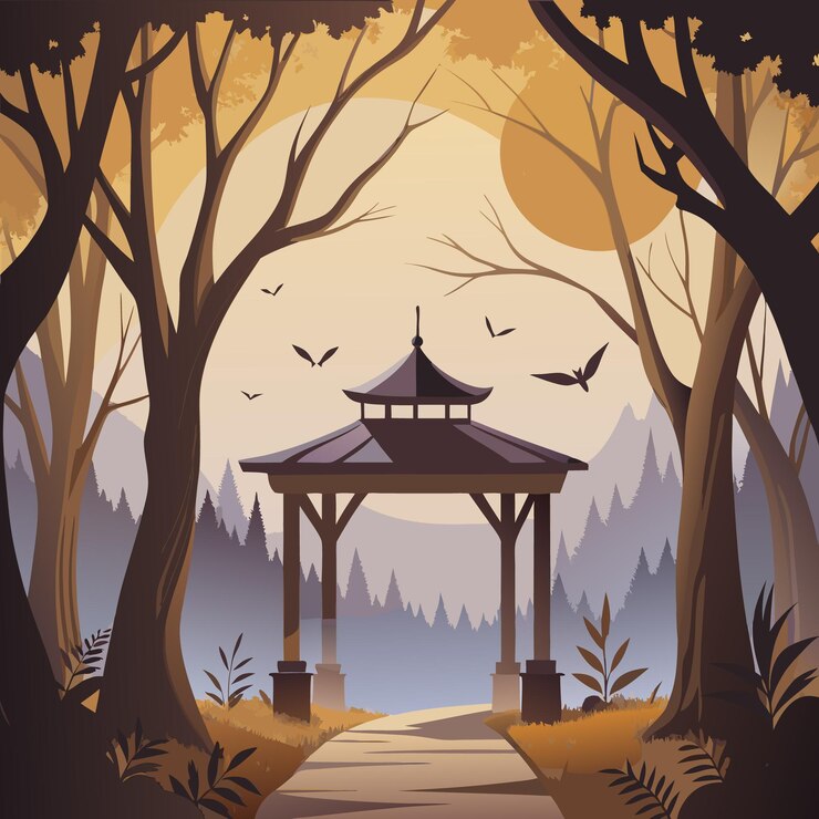 Vector un gazebo sereno rodeado de árboles al atardecer que crea una atmósfera tranquila