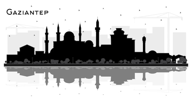 Gaziantep Turquía silueta del horizonte de la ciudad con edificios negros y reflejos aislados en blanco concepto de viajes de negocios y turismo con arquitectura histórica paisaje urbano de Gasiantep con puntos de referencia