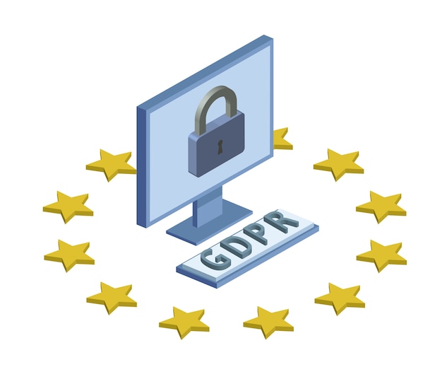 Vector gdpr, concepto de ilustración isométrica. reglamento general de protección de datos. protección de datos personales. monitor de computadora y cerradura. emblema, aislado sobre fondo blanco.