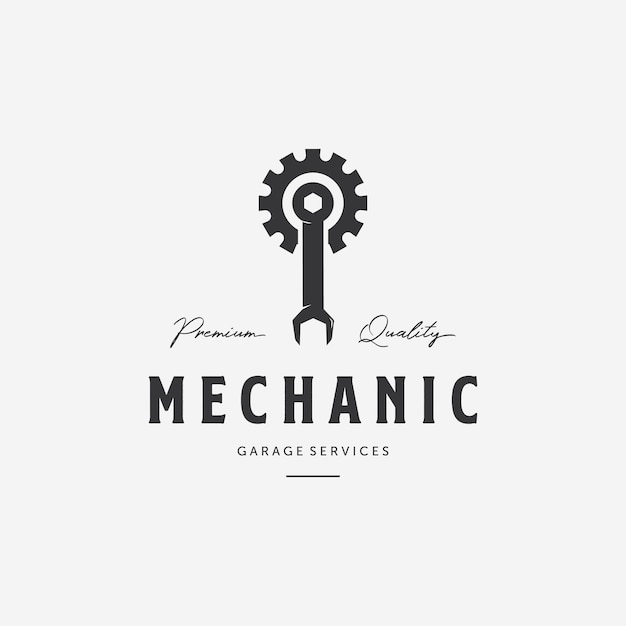Gear Wrench Spanner Piston Vintage Logo Ilustración minimalista de la tienda de garaje mecánico Diseño vectorial del concepto automotriz Piston