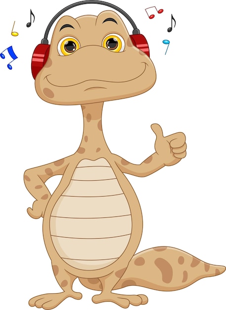 Gecko lindo de dibujos animados escuchando música