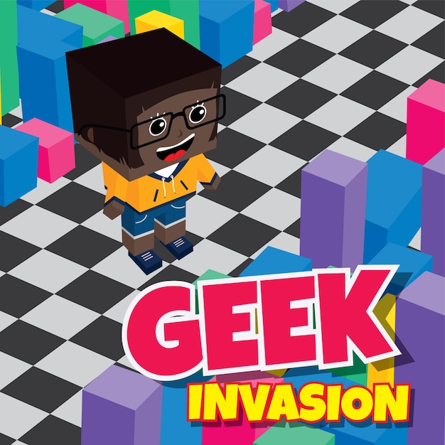 Vector geek boy invasion video juego activo isométrica