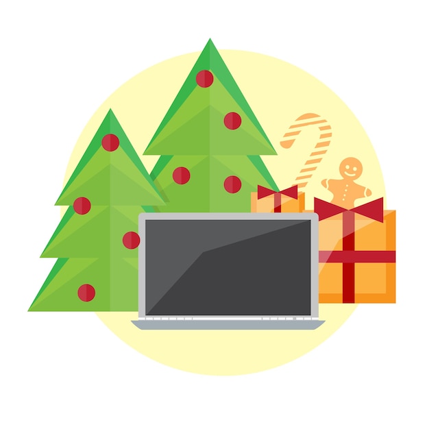 Geek feliz año nuevo y tarjeta de navidad con computadora, regalos y objetos de vacaciones