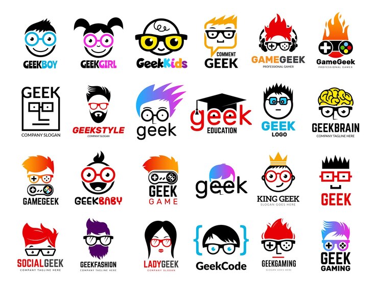 Vector geek logo insignias de negocios símbolos de jugadores nerd personajes inteligentes fácil aprendizaje cara con gafas vector colección ilustración de nerd y geek hombre en gafas genio creatividad logo