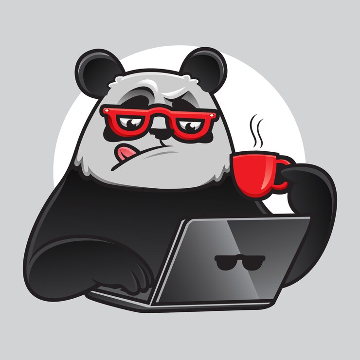 Geek Panda trabajando con laptop y café