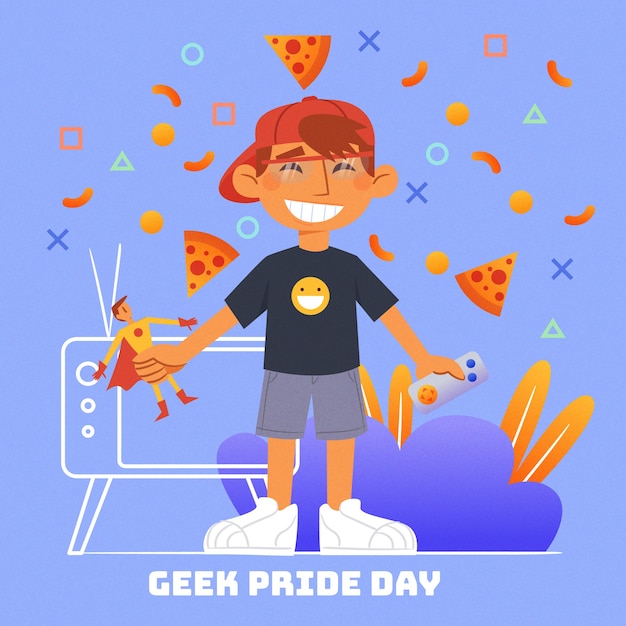 Geek pride day boy con juguetes y rebanadas de pizza