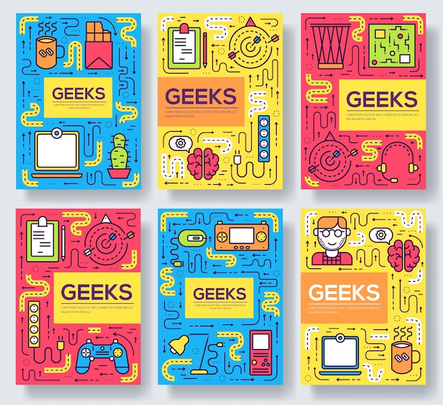 Geeks folleto tarjetas conjunto de línea delgada