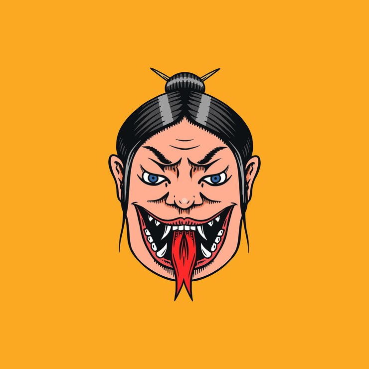 Vector geisha japonesa con lengua de serpiente. mujer asustadiza gritando. mitológico chino o asiático