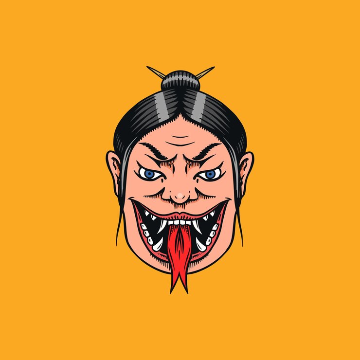 Vector geisha japonesa con lengua de serpiente. mujer asustadiza gritando.