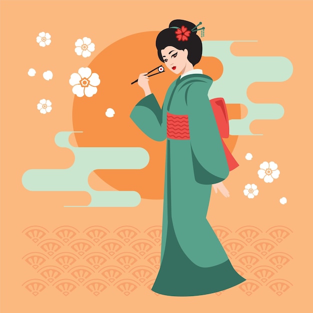 Geisha en kimono con palillos con rollo de pescado