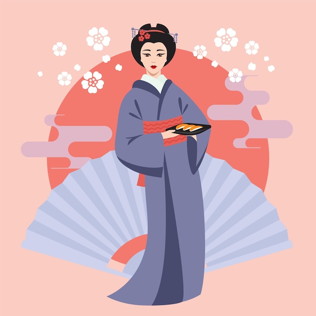 Geisha en kimono con sushi y flores de cerezo
