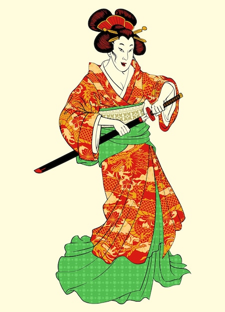 Vector geisha en kimono tradicional usando katana japonesa