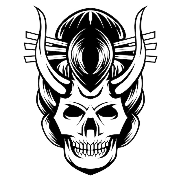 Geisha Skull Vector Artwork en color blanco y negro Estilo vintage tradicional Blanco y negro