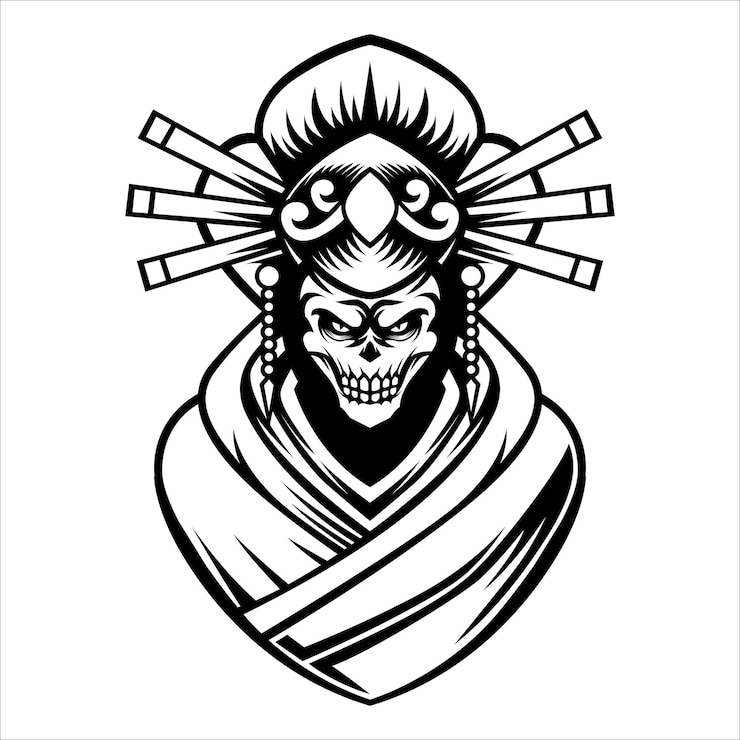Vector geisha vector artwork en color blanco y negro estilo vintage tradicional lineal en blanco y negro