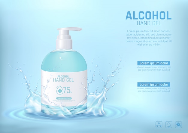 Vector gel de alcohol de lavado a mano con salpicaduras de agua