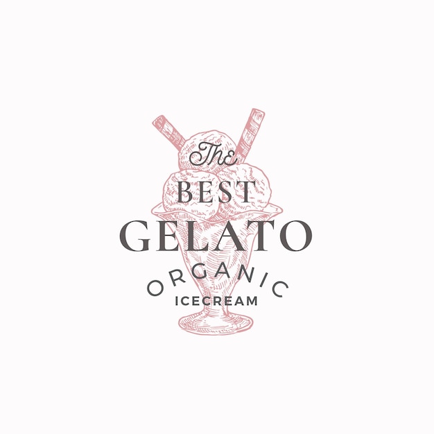 Gelato orgánico signo abstracto símbolo o plantilla de logotipo dibujado a mano helado dibujo ilustración con tipografía estilo italiano dulces vector emblema concepto