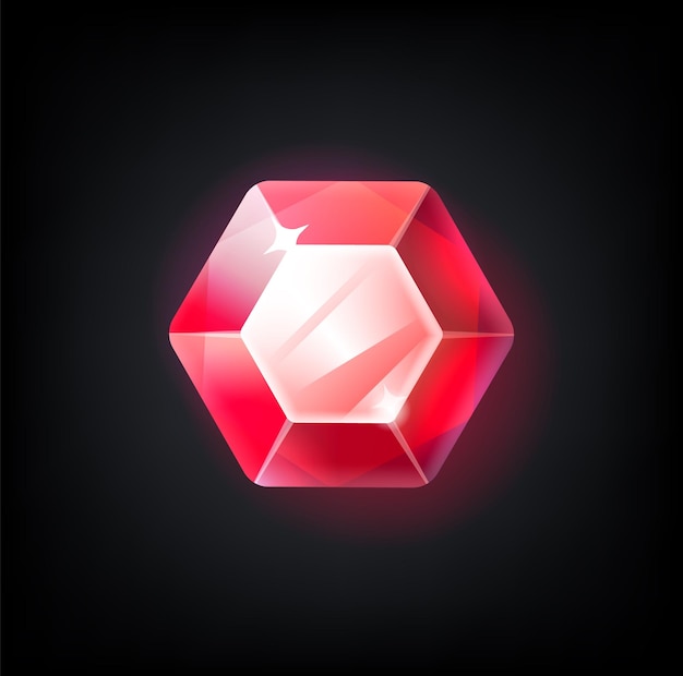 Gema roja Joyas de dibujos animados para el logro del juego Vista superior de rubí facetado Piedra preciosa aislada con reflejo de luz Cristal geométrico brillante Vector diamante escarlata brillante