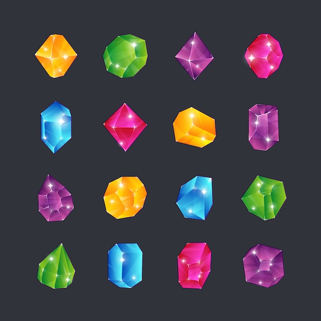 Gemas de dibujos animados. Piedras de gema joyas diamantes piedra de topacio esmeralda rubí zafiro mirada cristal transparente brillante ui premio iconos