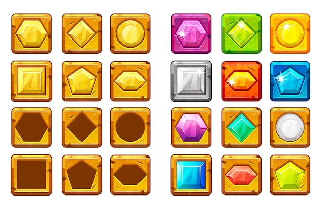 Gemas de diferentes formas de dibujos animados, botón multicolor y dorado para juego de interfaz de usuario