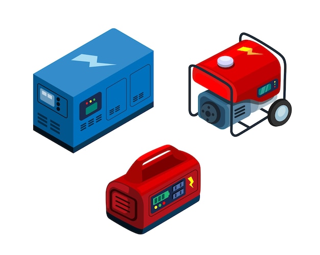 Generador fuente de alimentación eléctrica conjunto de colección portátil vector de ilustración isométrica