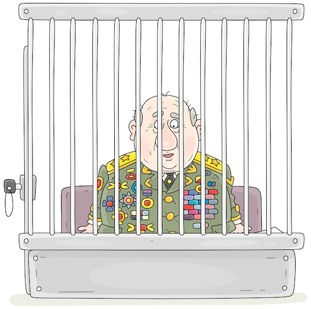 Un general corrupto con una cara agria sentado en un banquillo detrás de las rejas durante una audiencia y veredicto de la corte