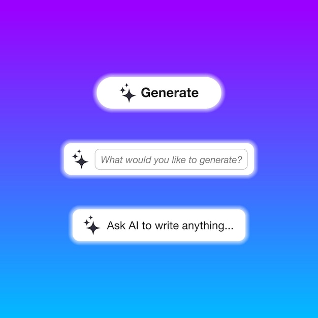 Generar plantilla de botones AI Icono de inteligencia artificial Generador de aprendizaje automático Generar botón de texto e imagen Signo de estrellas mágicas Ilustración vectorial