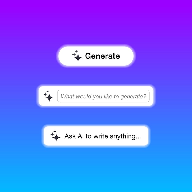 Generar plantilla de botones AI Icono de inteligencia artificial Generador de aprendizaje automático Generar botón de texto e imagen Signo de estrellas mágicas Ilustración vectorial
