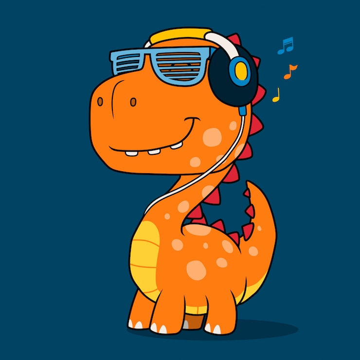 Vector genial dinosaurio escuchando música con auriculares