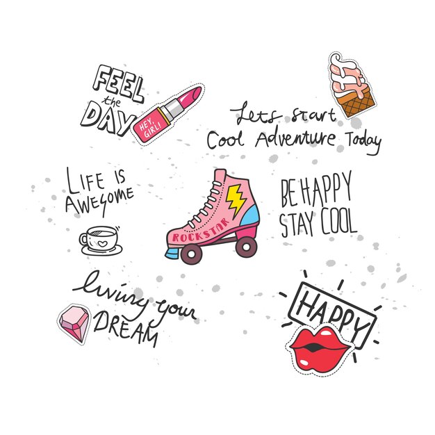 Genial diseño de camiseta en estilo doodle con parches y citas escritas a mano