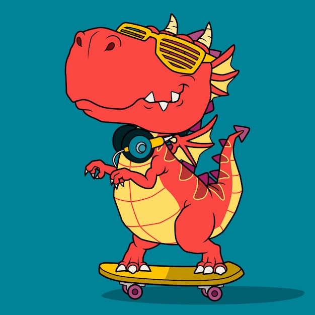 Genial dragón jugando en patineta.