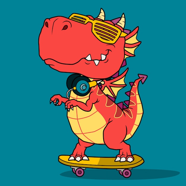 Vector genial dragón jugando en patineta.